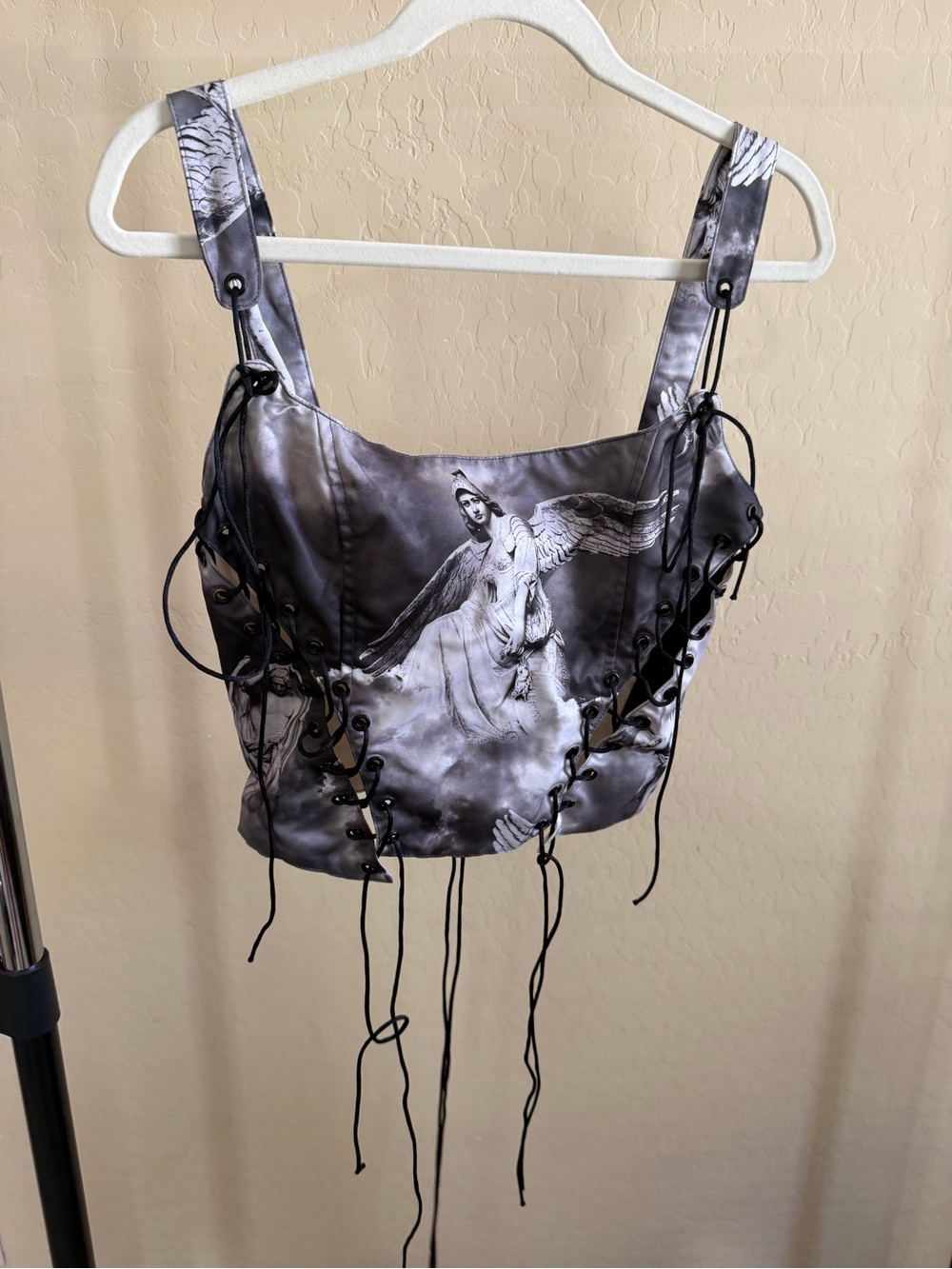 Dolls Kill Gray Angel Lace-Up Satin Corset Tank